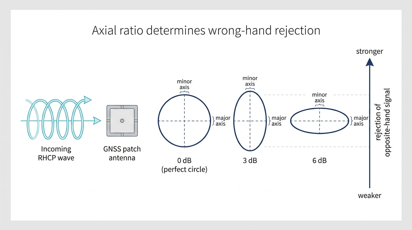 Diagram showing how a lower axial ratio produces stronger rejection of the opposite-hand circular signal