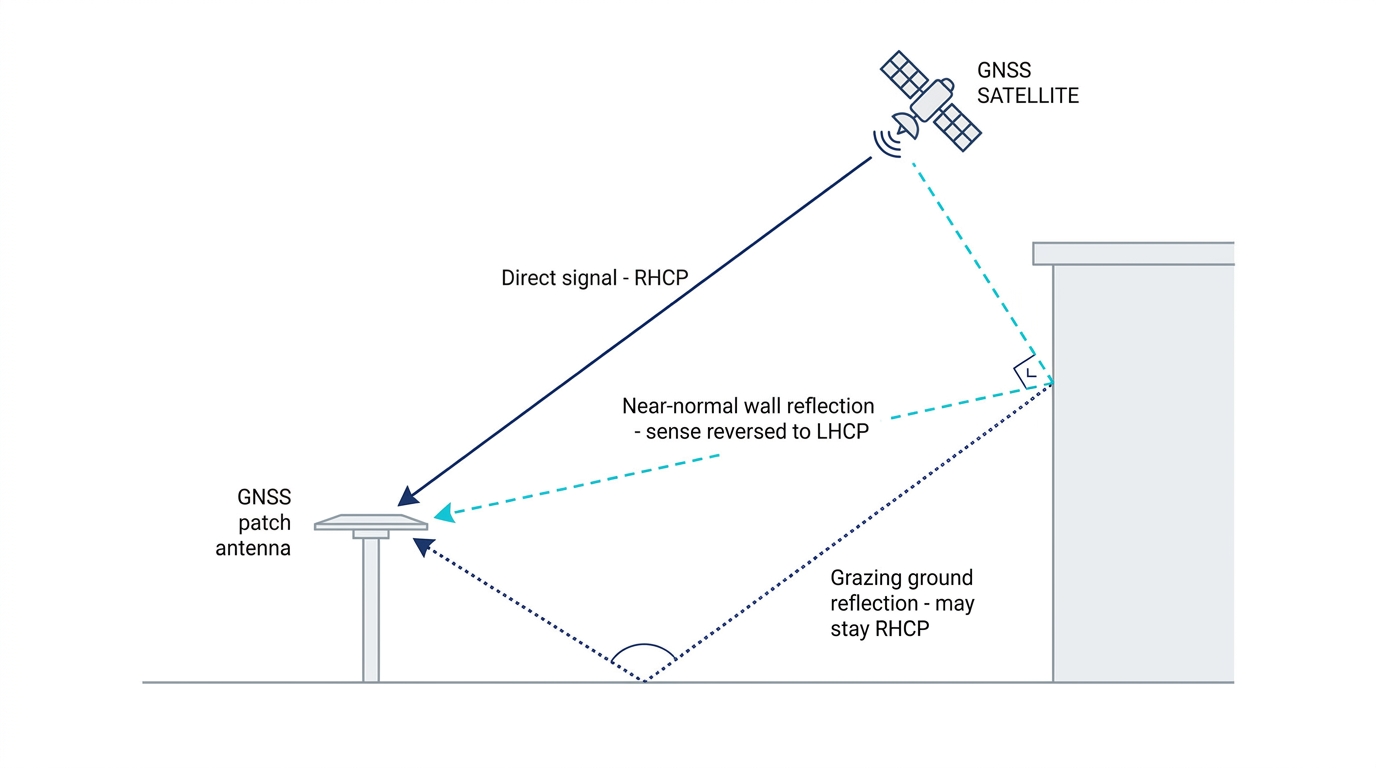 Diagram comparing a direct RHCP GNSS signal, a near-normal wall reflection that reverses to LHCP, and a grazing ground reflection that may stay RHCP