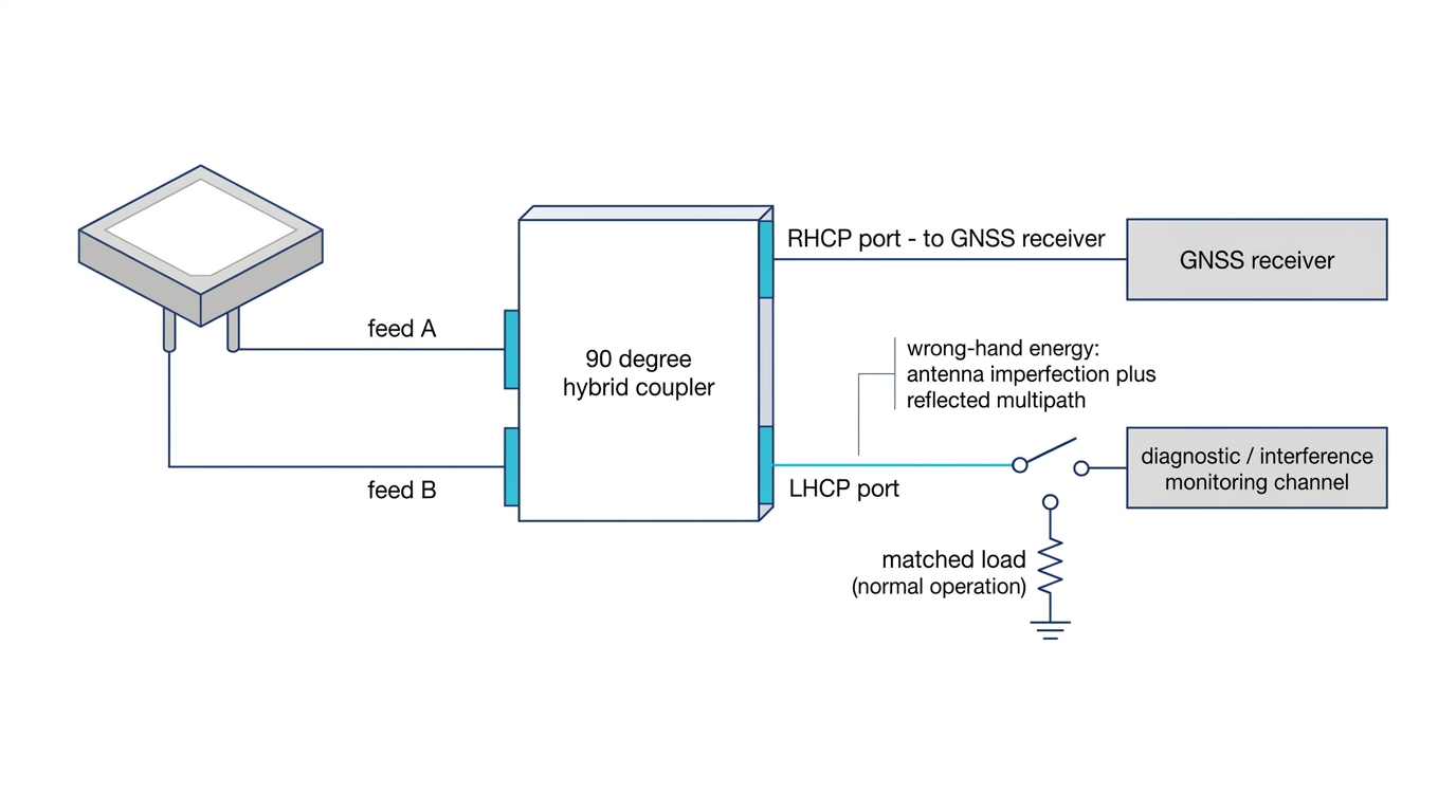 Block diagram of a dual-feed patch antenna feeding a 90 degree hybrid coupler, with the RHCP port going to the GNSS receiver and the LHCP port going to a matched load or a diagnostic channel