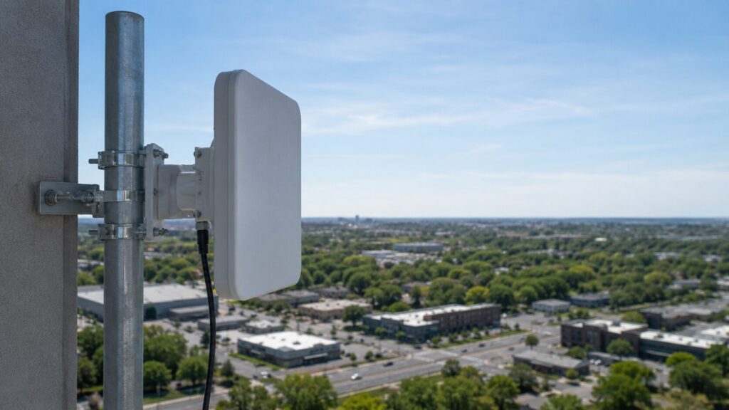 Outdoor flat panel antenna mounted on a pole for directional sector coverage
