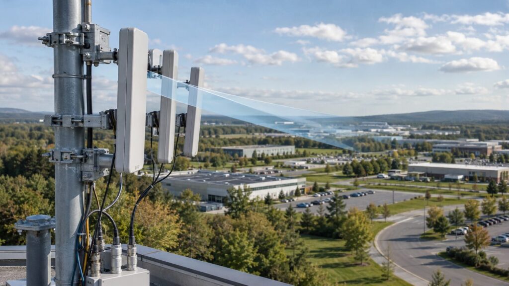 Multiple outdoor panel antennas aimed toward an industrial coverage area