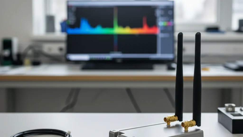 Industrial LTE antenna connected to a cellular gateway on an RF test bench.