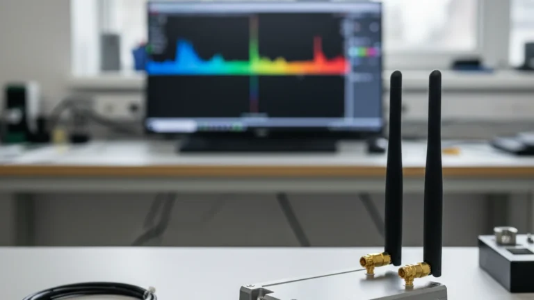 Industrial LTE antenna connected to a cellular gateway on an RF test bench.