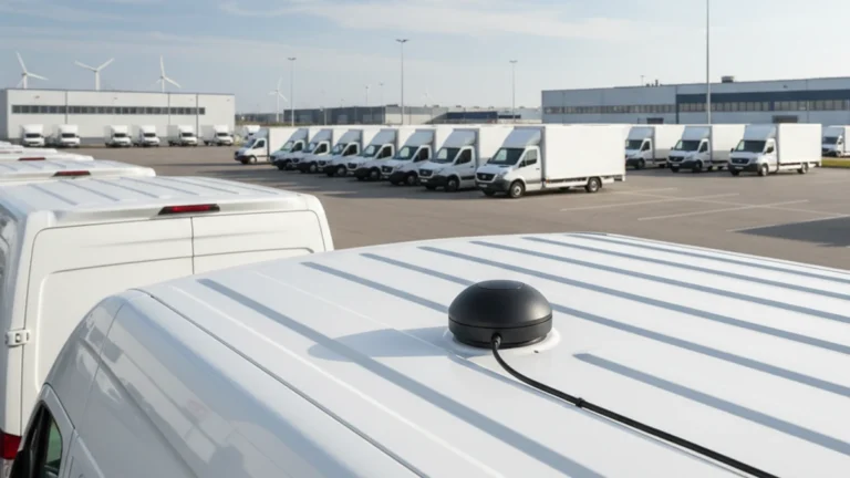 GPS magnetic mount antenna installed on a commercial vehicle roof.