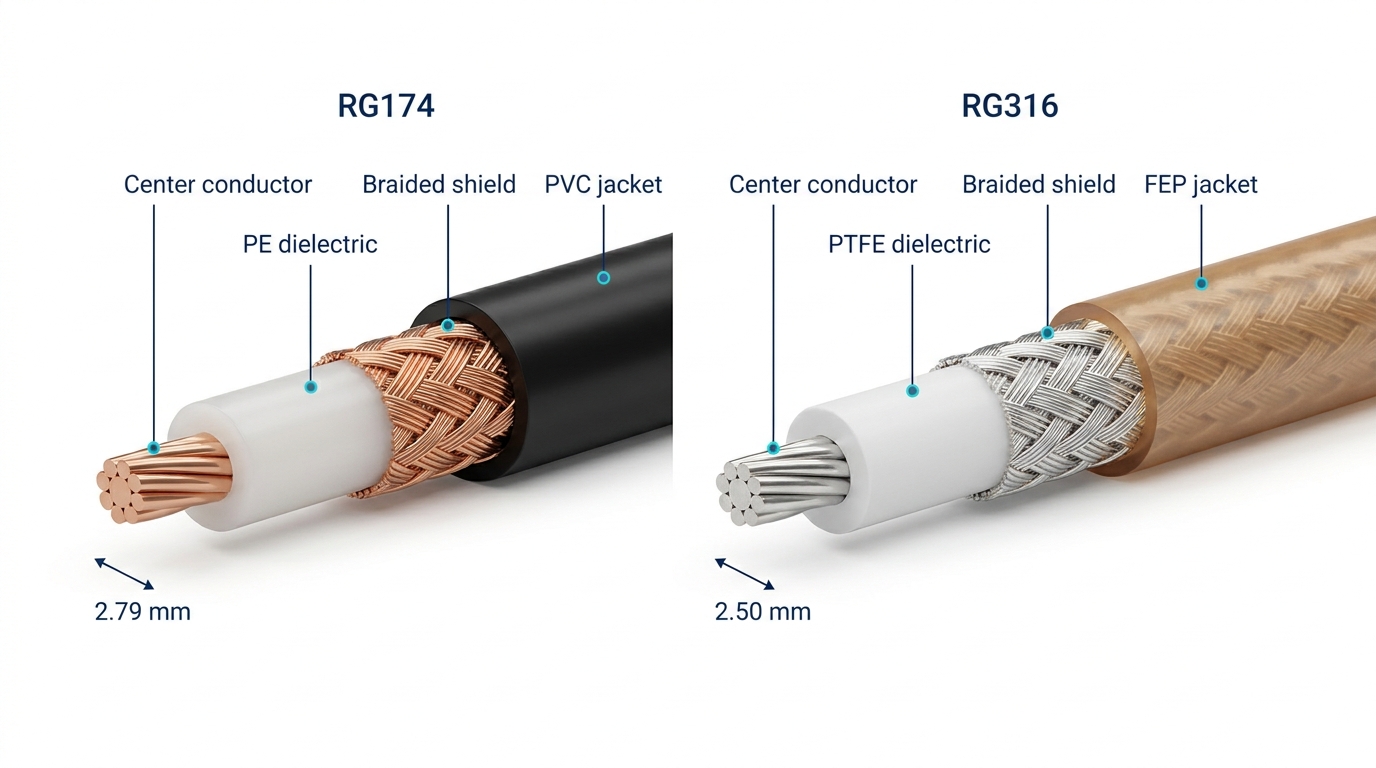 Cross-section comparison of RG174 and RG316 center conductors, dielectrics, braided shields and outer jackets.
