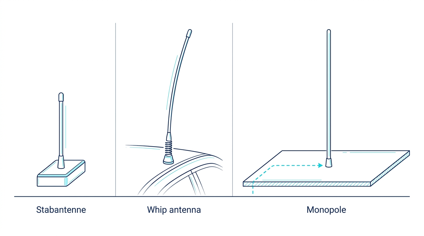 Vergleich einer starren Stabantenne, einer flexiblen Whip-Antenne und einer Monopolantenne auf einer leitfähigen Groundplane