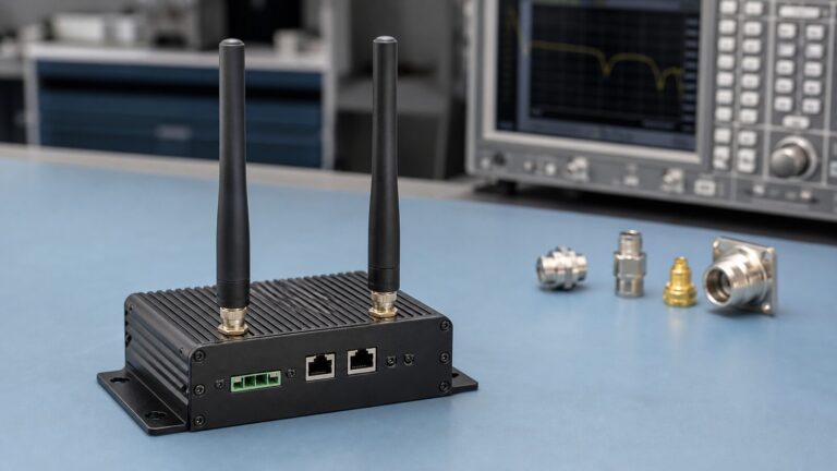 Industrial cellular gateway with two directly mounted LTE antennas on an RF engineering workbench