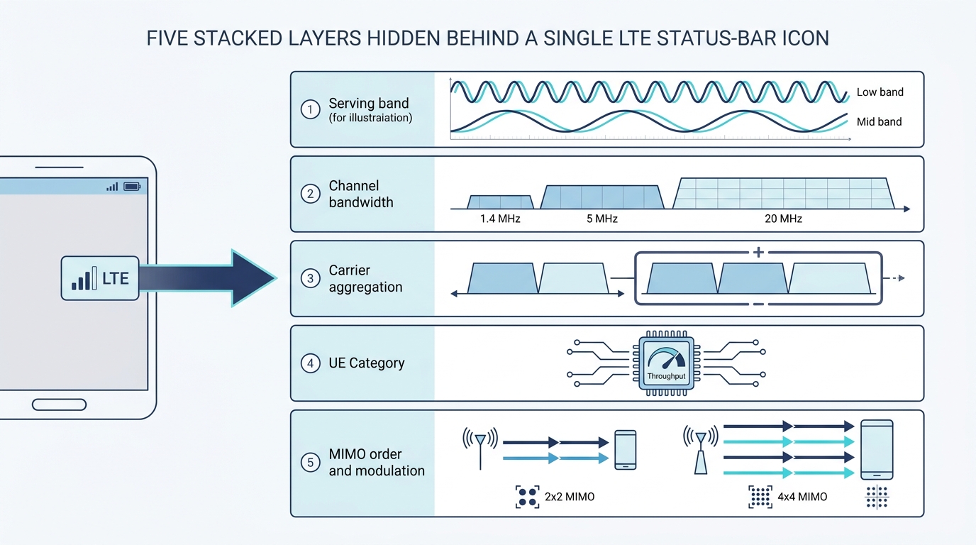 Five radio variables hidden behind a single LTE status-bar icon: serving band, channel bandwidth, carrier aggregation, UE Category, and MIMO order