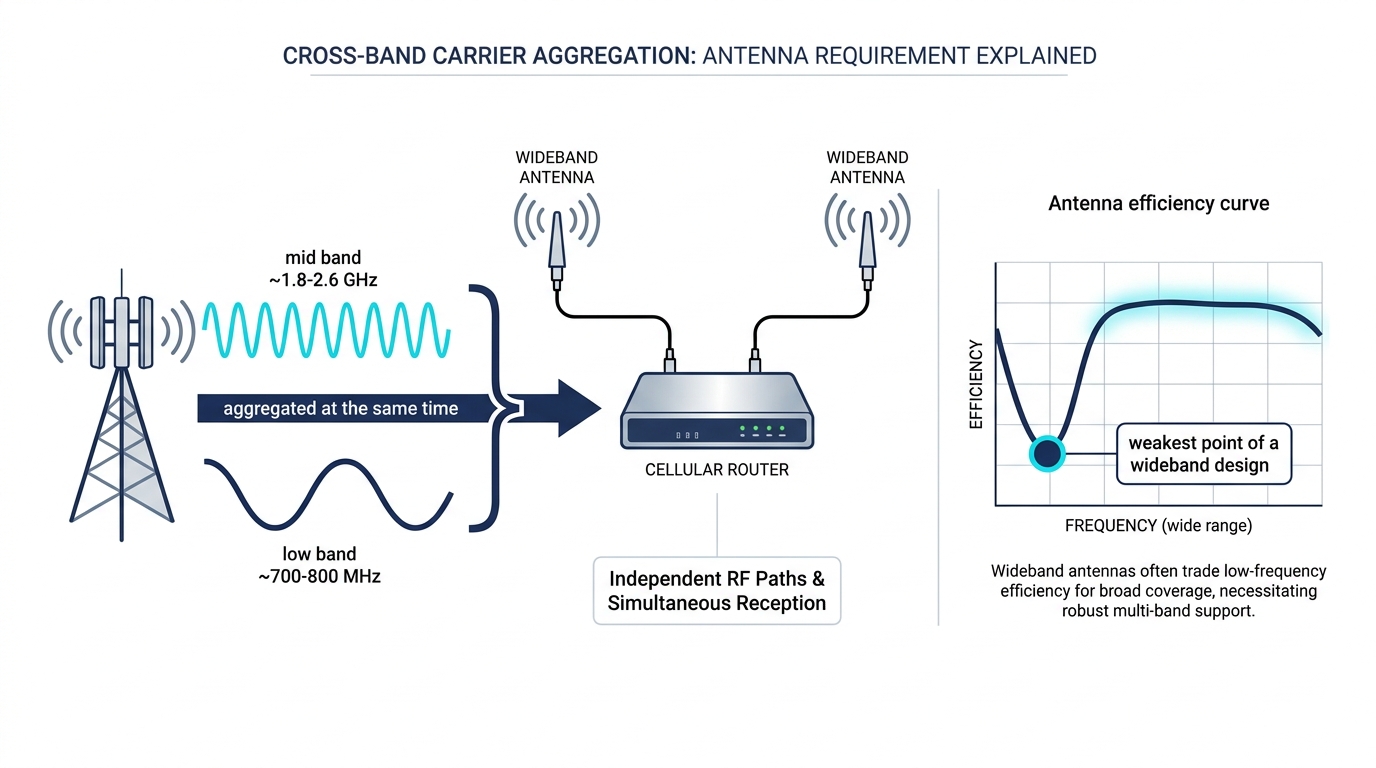 Cross-band carrier aggregation combining a low band and a mid band into one router, with an antenna efficiency curve dipping at the low-frequency end