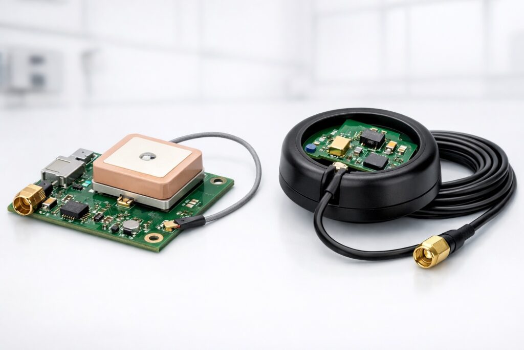 Aktive und passive GPS-Antenne mit LNA und Koaxialkabel im Vergleich