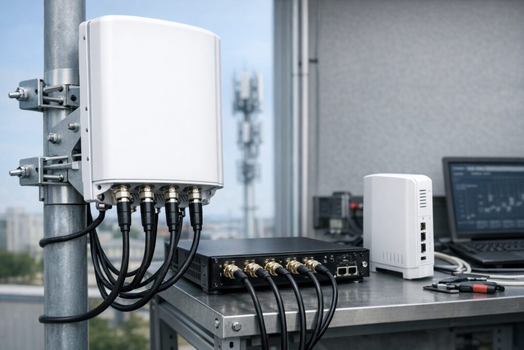 Outdoor 5G MIMO antenna connected to router and CPE equipment