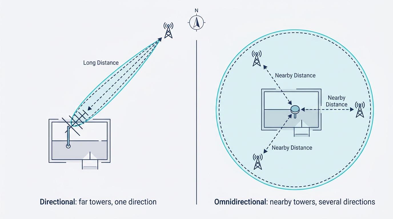 Top-down comparison of a directional outdoor TV antenna aimed at one distant broadcast tower and an omnidirectional antenna covering three nearby towers