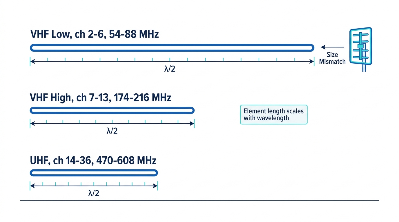 Scale comparison of half-wave antenna element length for the VHF Low, VHF High and UHF television bands