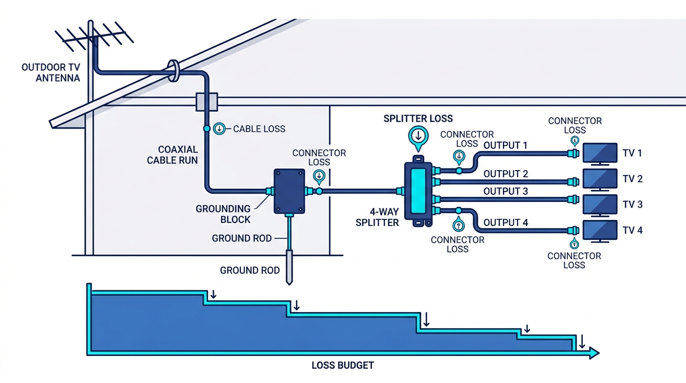 Signal path from an outdoor TV antenna through the coaxial cable, grounding block and four-way splitter to four televisions, with a step graph of cumulative loss