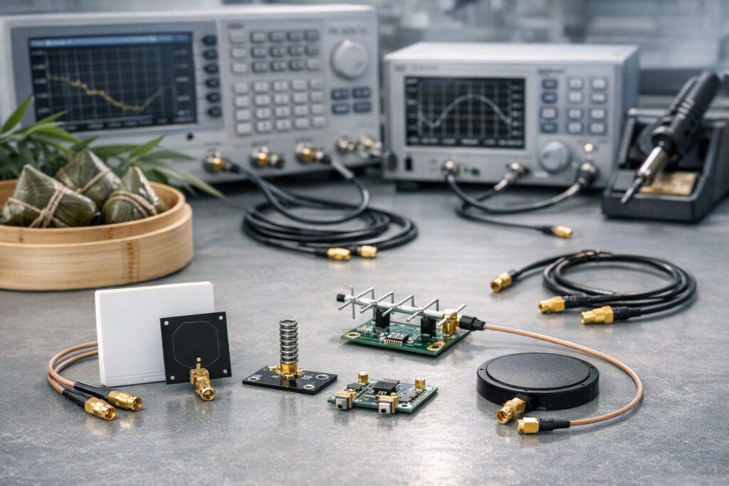 Global RF Tech team preparing antenna samples before Dragon Boat Festival
