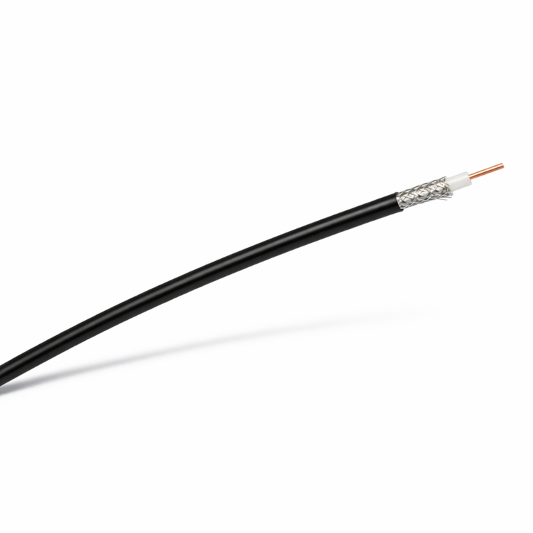 GLRG174 RG174 50 ohm coaxial cable with black PVC jacket, exposed copper braid and center conductor on a white background