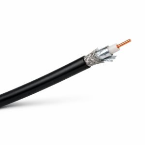 GLRG58A RG58 50 ohm coaxial cable with black PVC jacket and foil-plus-braid shield on a white background