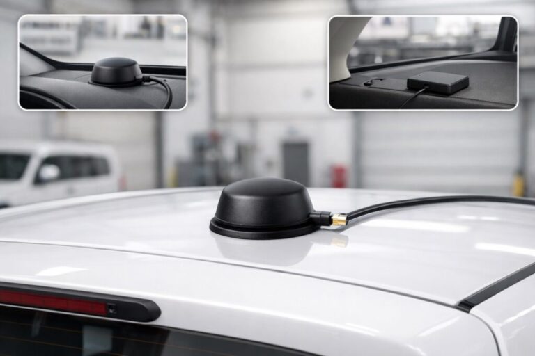 Magnetische GPS-Antenne mittig auf einem Fahrzeugdach montiert