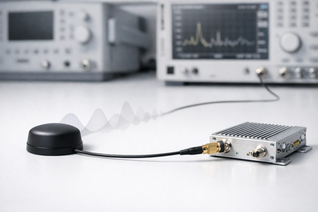 GPS-Antenne mit langem Koaxialkabel am Empfänger-Testaufbau
