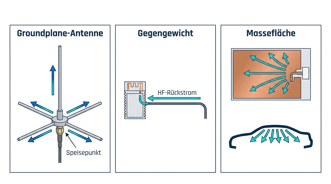 Comparison of a ground plane antenna, a counterpoise wire and a solid ground plane with RF return current paths