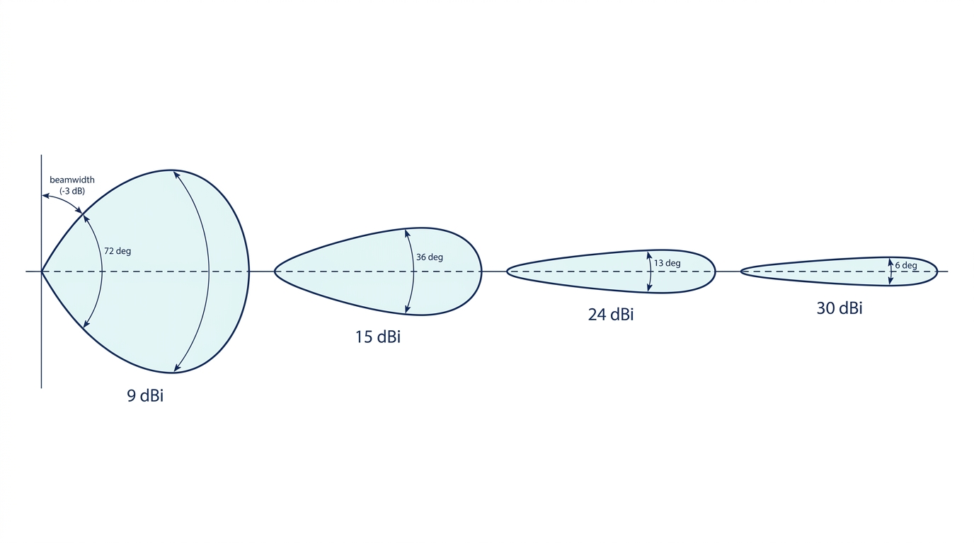 Comparison of antenna main lobes at 9, 15, 24 and 30 dBi, showing the beam narrowing as gain increases