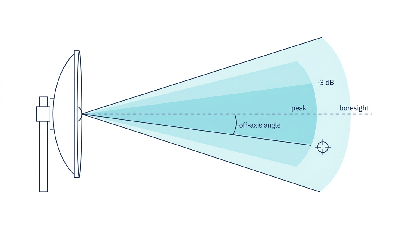 Side view of a dish antenna beam with the boresight centre line, an off-axis angle and the far-end target sitting near the beam edge