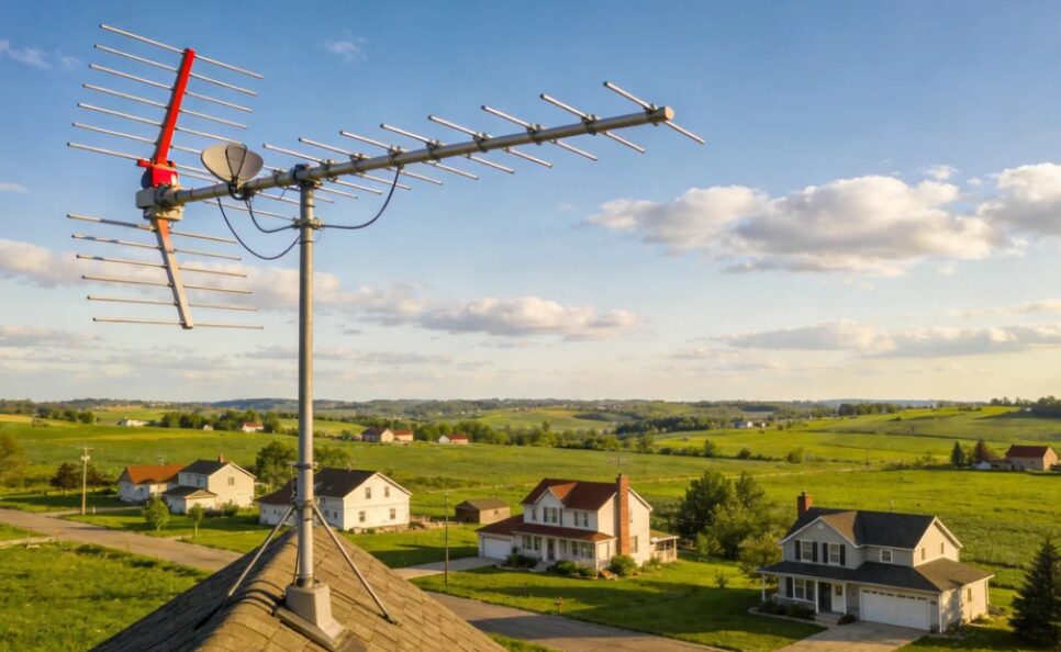 Demonstrates how to place outdoor TV antennas in rural areas