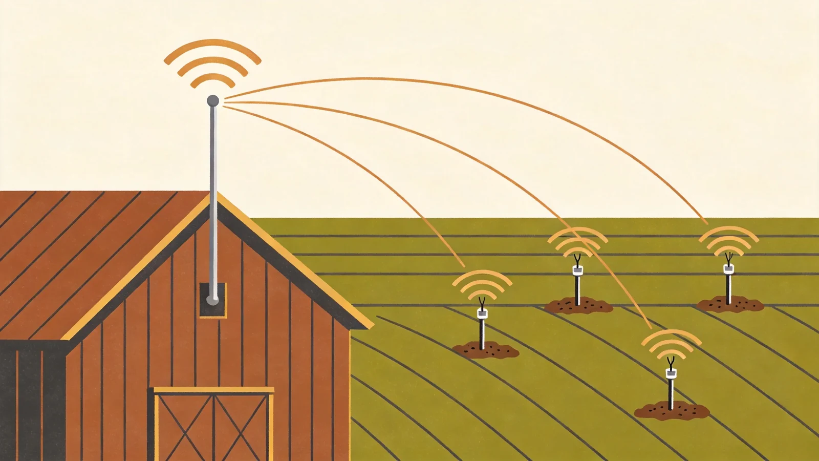 Fiberglass LoRa gateway antenna on a barn covering field sensor nodes in a smart agriculture network