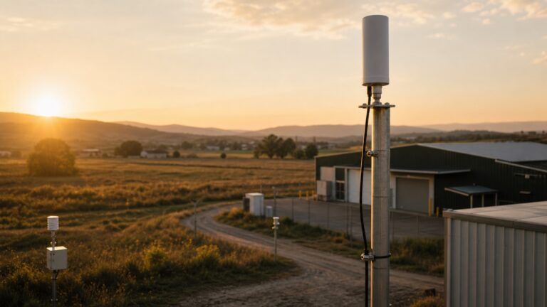LoRaWAN gateway antenna mounted above a rural industrial site