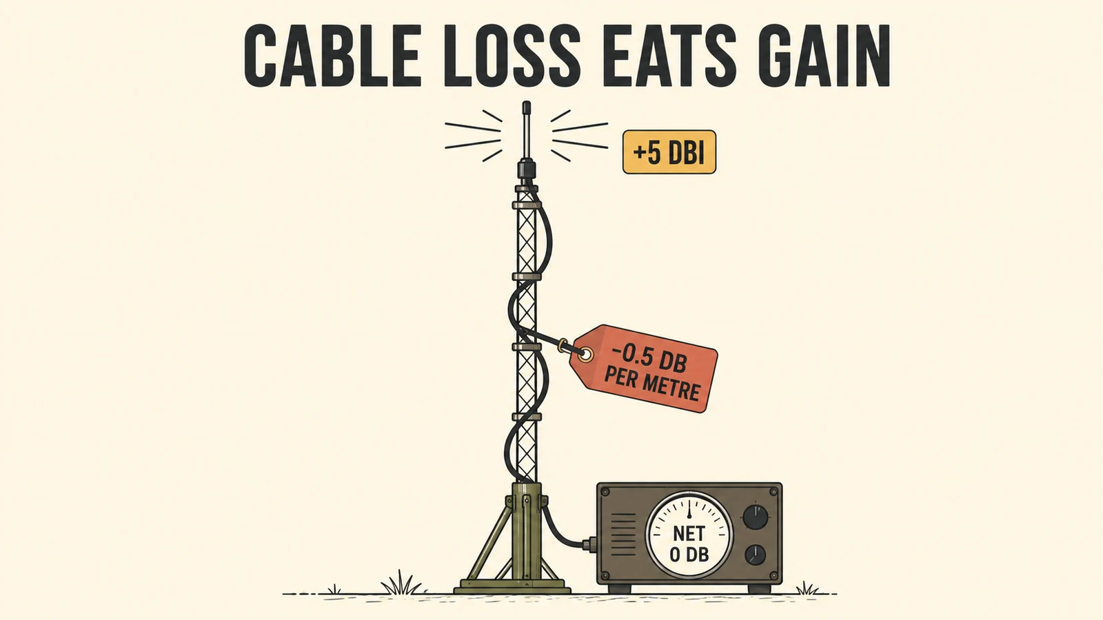Diagram showing thin coax cable loss cancelling the gain of a 5 dBi LoRa antenna on a mast