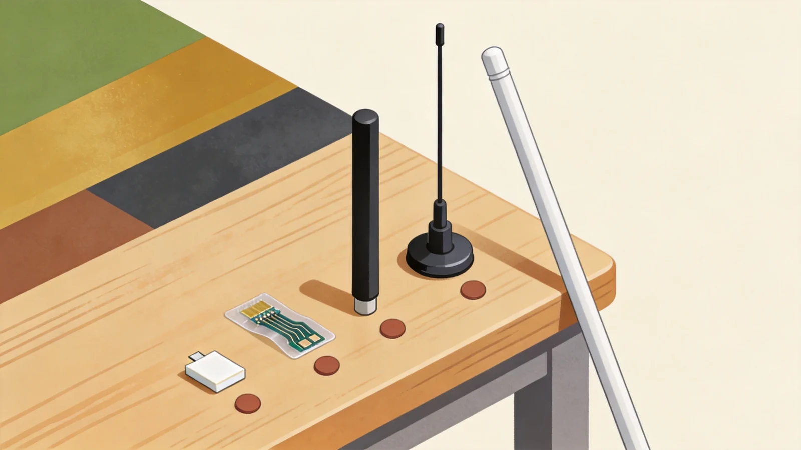 Five LoRa antenna types laid out by size from a ceramic chip to a long fiberglass collinear