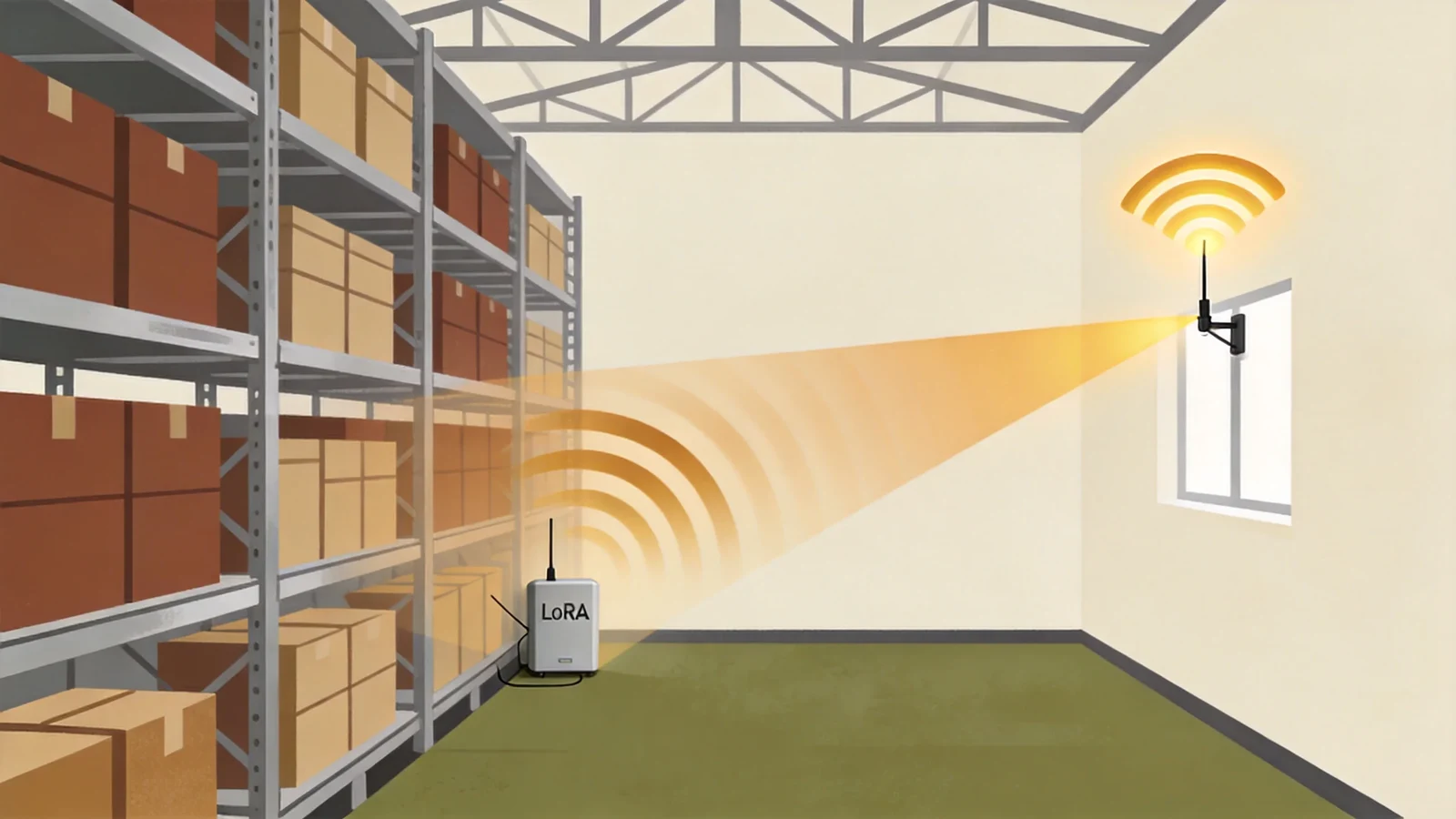 Warehouse cross-section showing metal shelving blocking an indoor LoRa gateway while a window antenna clears it