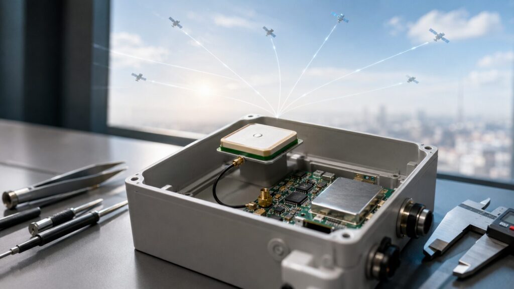 Mehrkonstellations-GNSS-Antenne in einem geöffneten Ortungsgerät