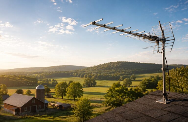 Outdoor TV antenna mounted on a rural home roof