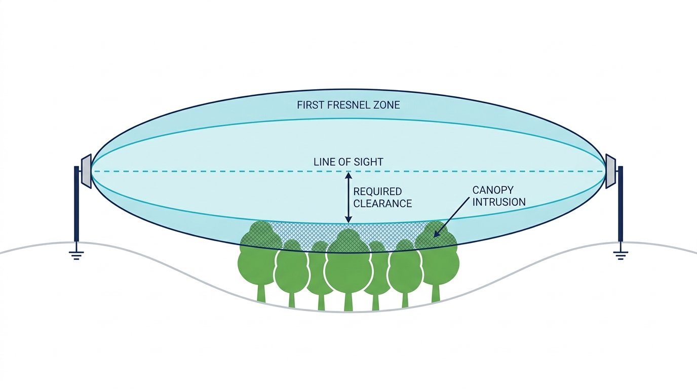 Side-view diagram of a point-to-point WiFi link showing the first Fresnel zone as an ellipse around the line of sight, with treetops at mid-path intruding into the lower part of the zone even though they sit below the visual line of sight
