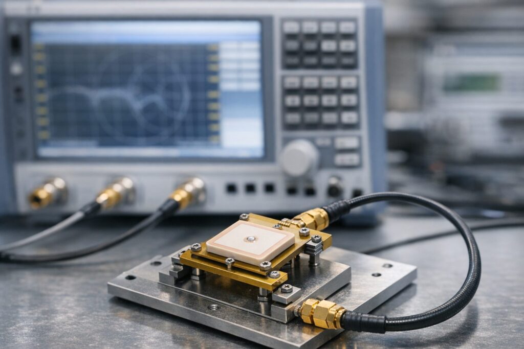 Patch antenna bandwidth measured on an RF test bench