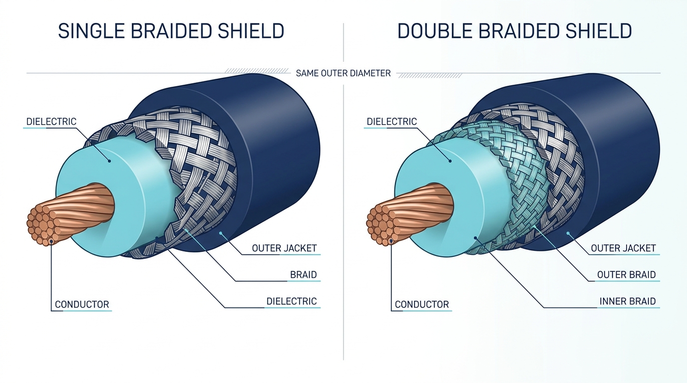 Cross-section comparison of a single braided coax shield and a double braided coax shield at the same outer diameter