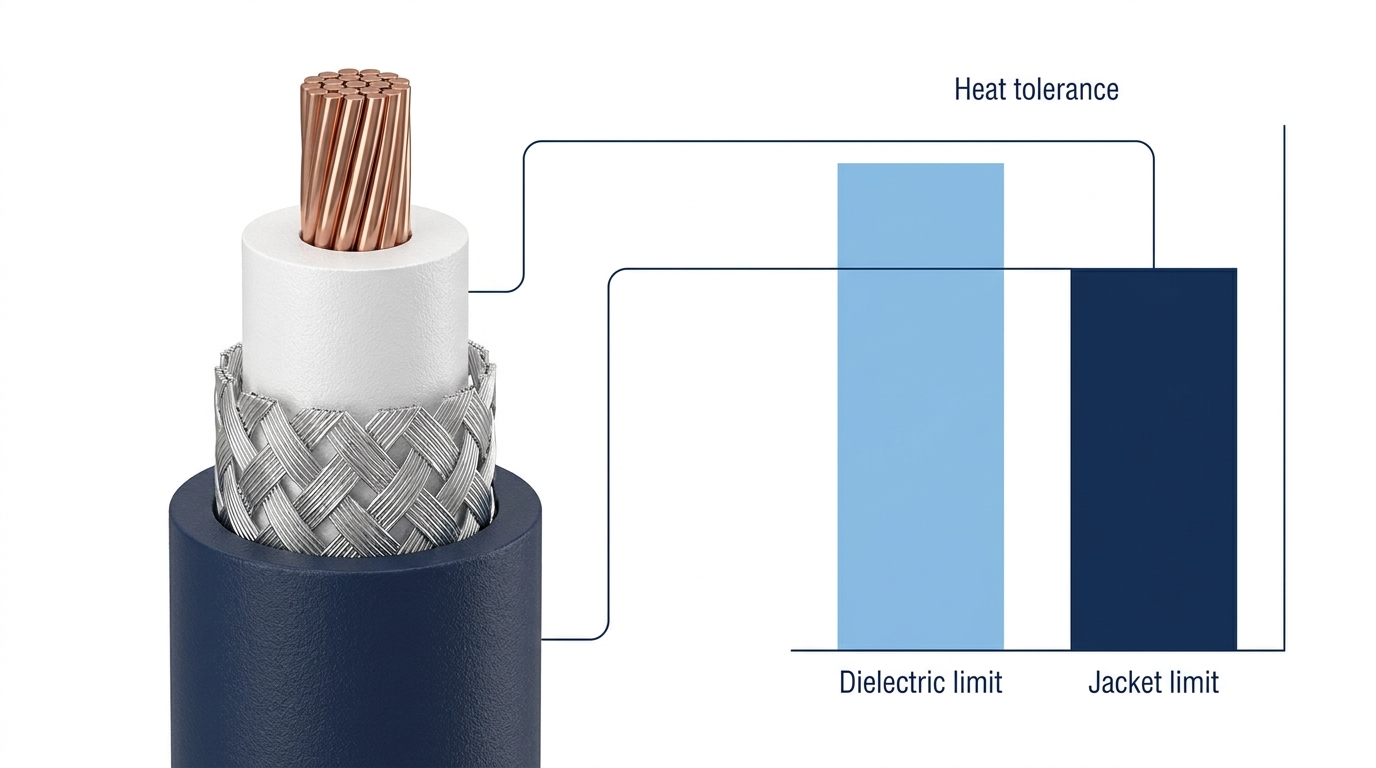 Coax cable cutaway showing that the outer jacket tolerates less heat than the inner dielectric