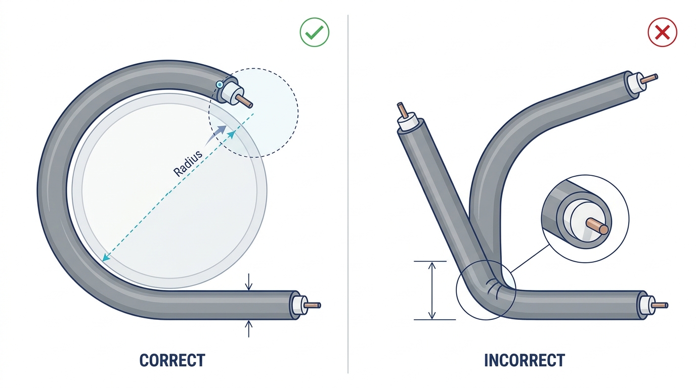 Correct coax cable bend radius compared with a kinked cable showing a compressed dielectric