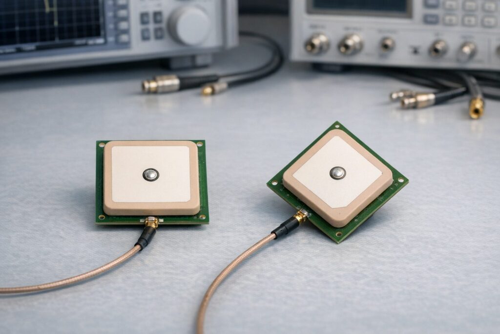 RHCP and LHCP GNSS patch antennas compared on a test bench