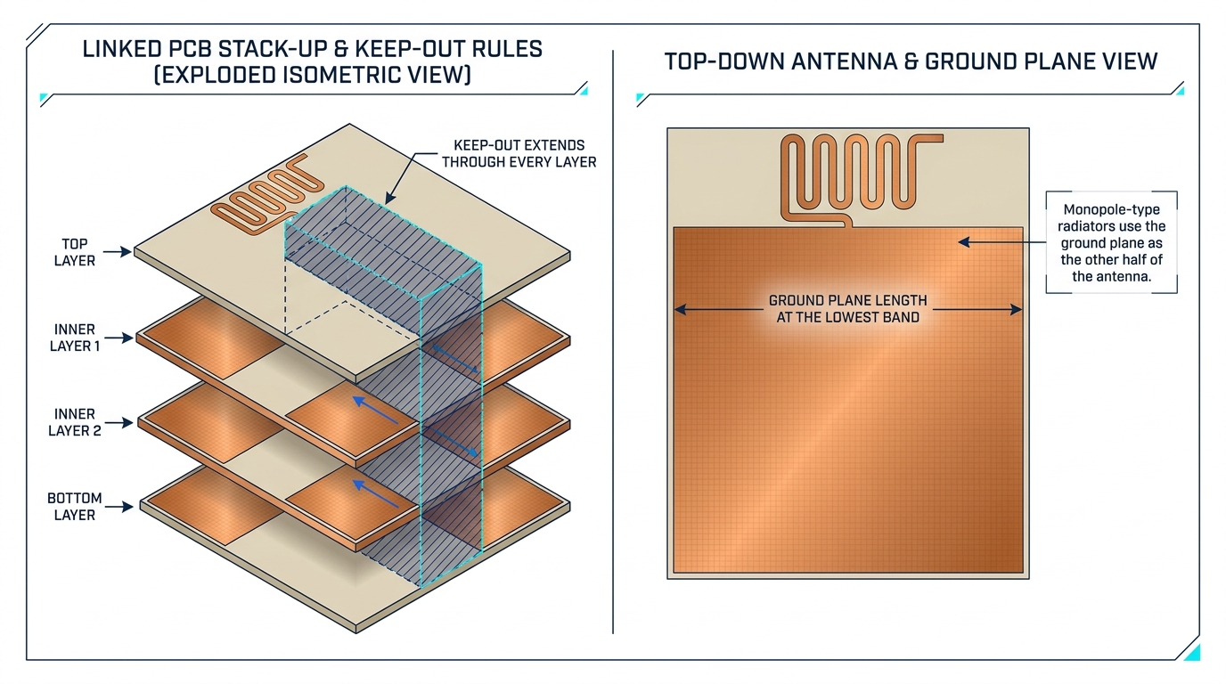 Exploded four-layer PCB stack-up showing an antenna keep-out cleared through every layer, beside a top-down view marking ground plane length at the lowest band