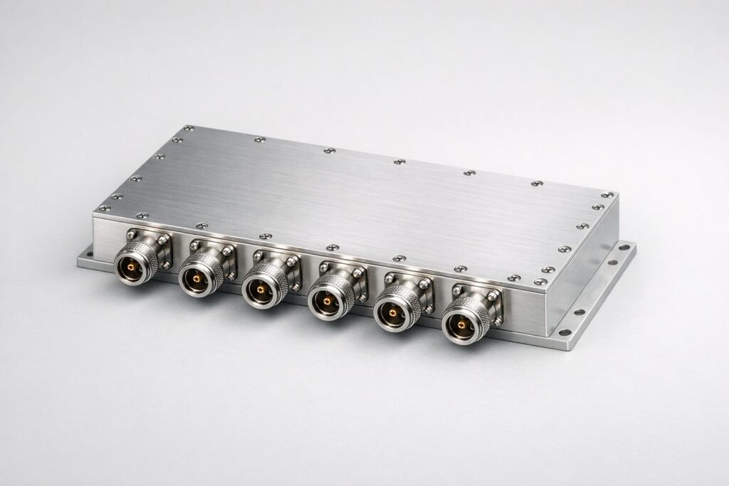 RF power combiner and divider module with multiple N-type coaxial connectors on a light background