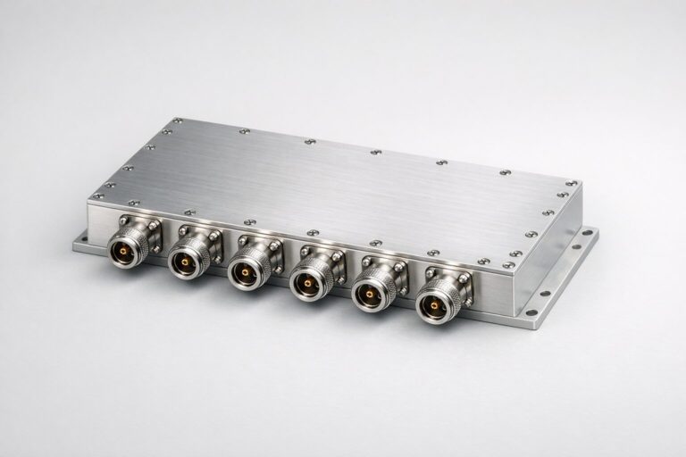 RF power combiner and divider module with multiple N-type coaxial connectors on a light background