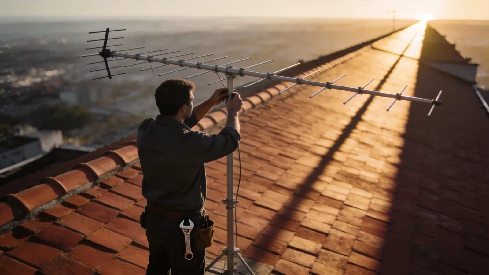 Technician aligning a directional Yagi antenna on a rooftop mast toward the horizon