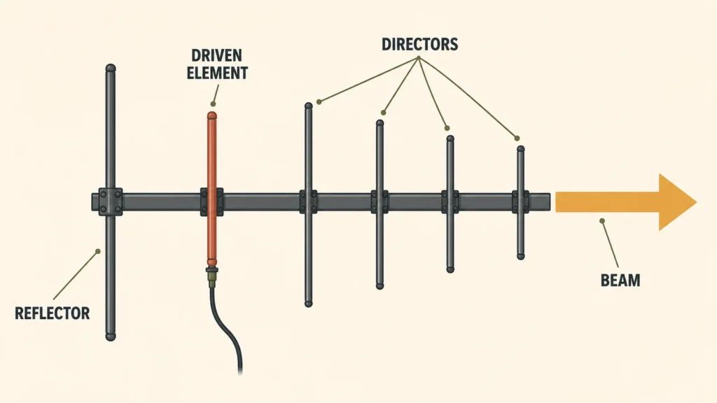 Labeled Yagi-Uda antenna diagram showing reflector, driven element, directors and beam direction