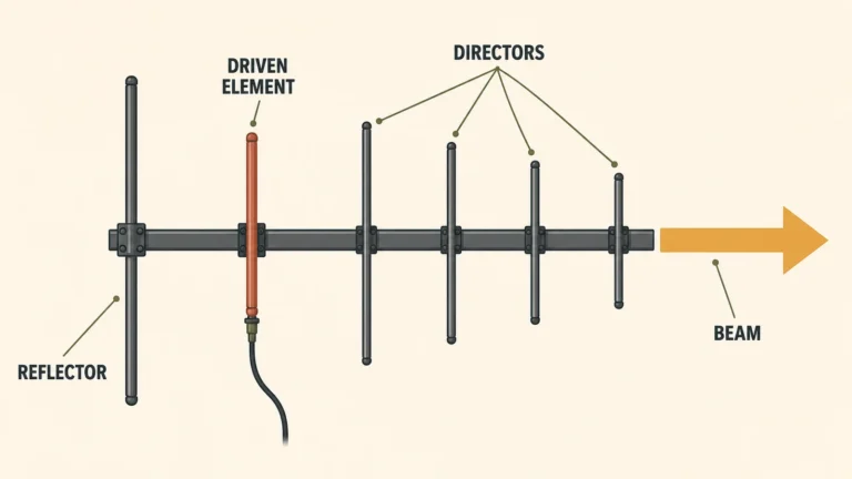 Labeled Yagi-Uda antenna diagram showing reflector, driven element, directors and beam direction