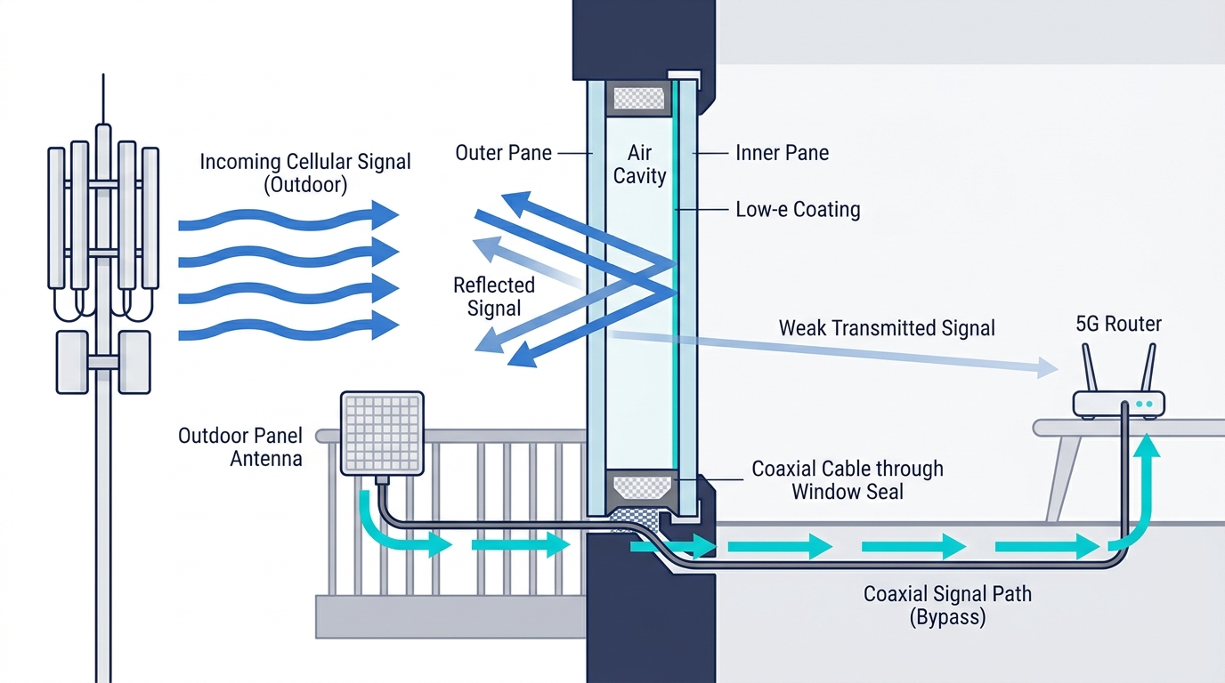 Querschnitt eines Isolierglasfensters: Die Low-E-Beschichtung reflektiert das Mobilfunksignal, während eine Außenantenne am Balkongeländer das Signal per Koaxkabel durch die Fensterdichtung zum Router führt.