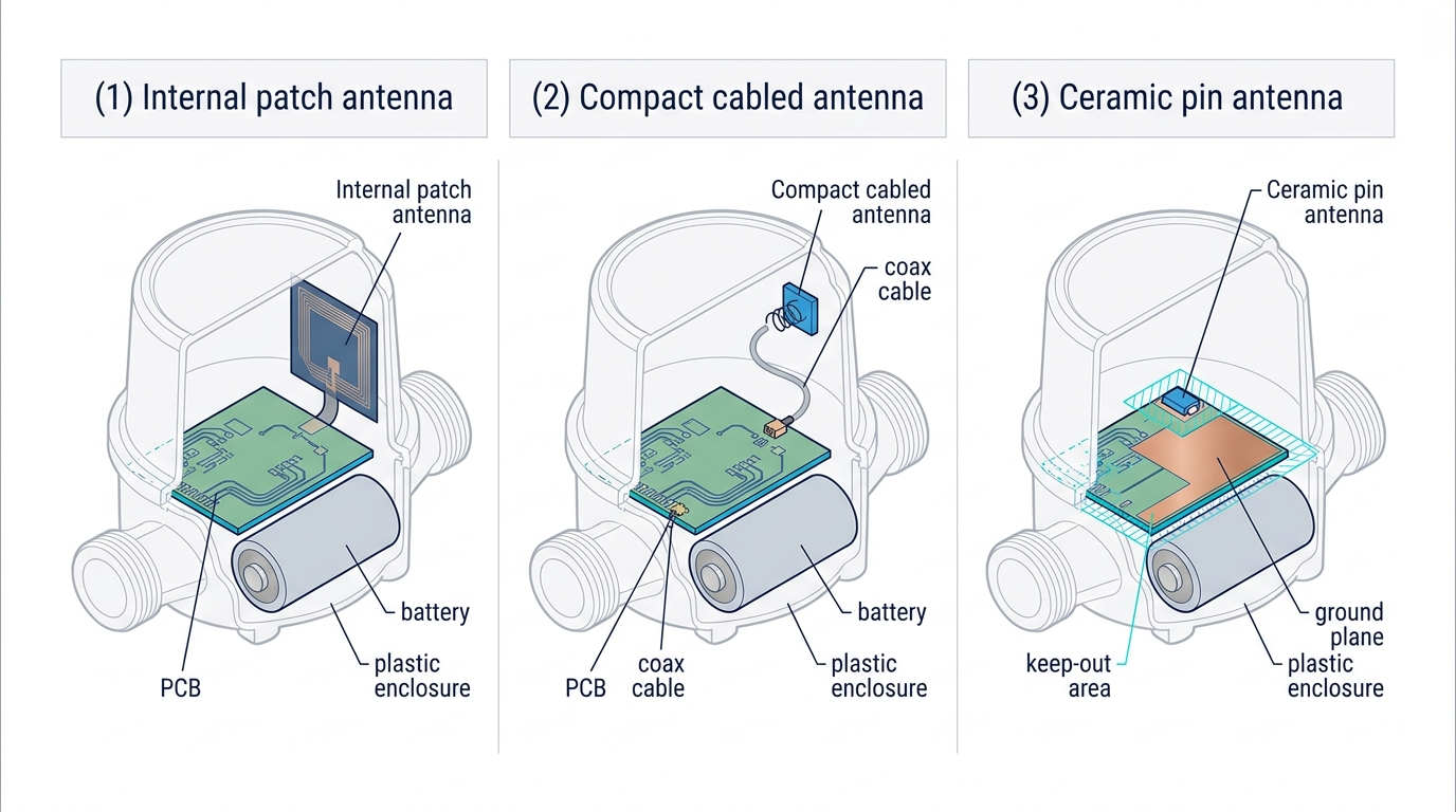 Cutaway comparison of internal patch, compact cabled and ceramic pin antenna placement inside a smart water meter, showing PCB, battery, ground plane and keep-out area