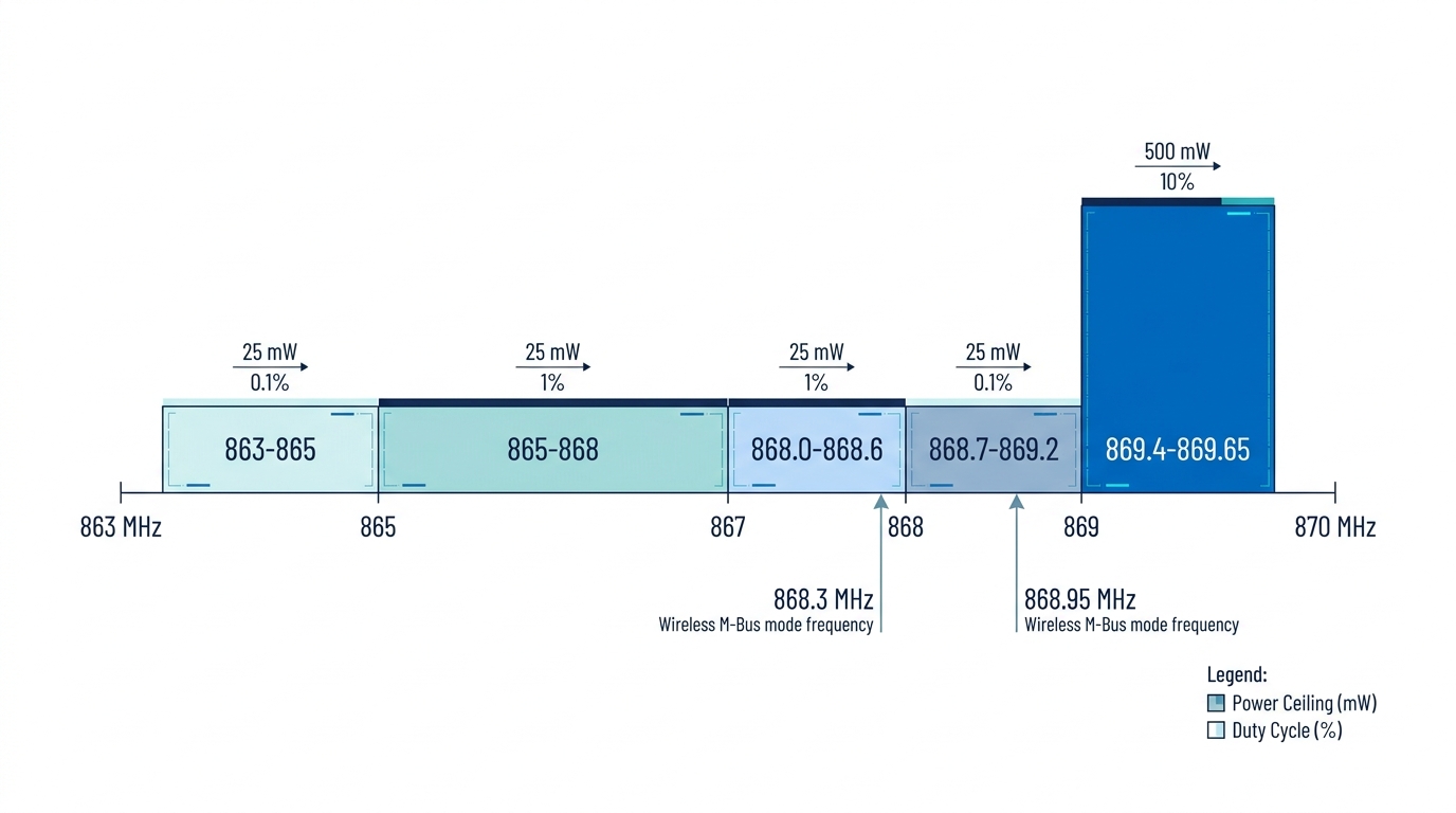 Map of the 863 to 870 MHz short-range device band showing five sub-bands with their maximum radiated power and duty-cycle limits, plus the wireless M-Bus frequencies at 868.3 and 868.95 MHz