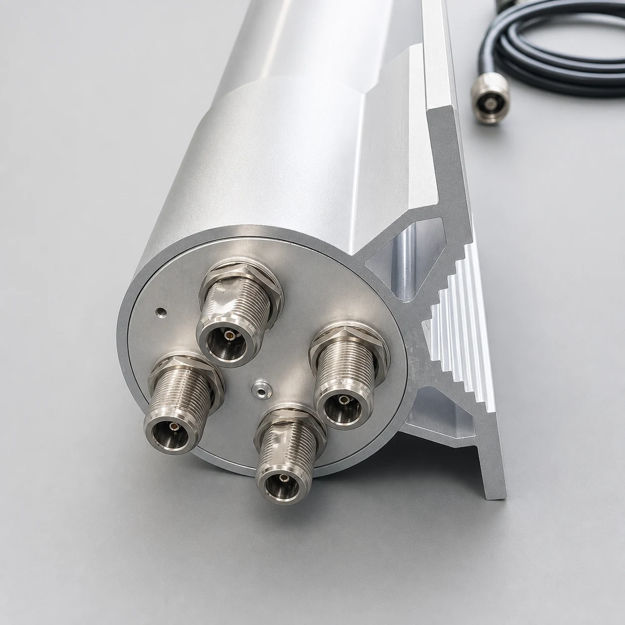 Close-up of four N-female ports on GLQ6060F05X4DP 4x4 MIMO antenna